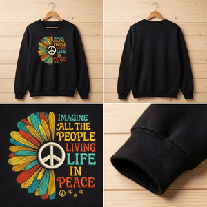 Imagine Peace Embroidered Sweatshirt, Retro Hippie Sunflower Shirt