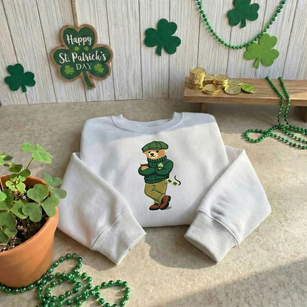 Irish Bear Embroidered Sweatshirt, Lucky Shamrock Pullover