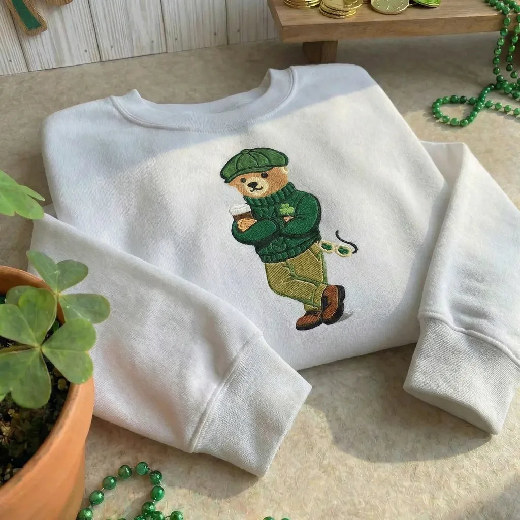 Irish Bear Embroidered Sweatshirt, Lucky Shamrock Pullover