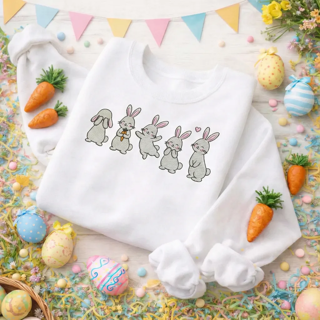 Little Bunnies Embroidered Sweatshirt, Easter Rabbit Top