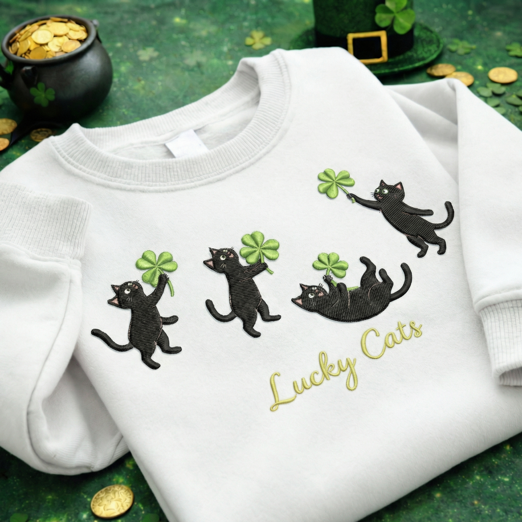 Lucky Cats Embroidered Sweatshirt, Irish Cat Lover Top
