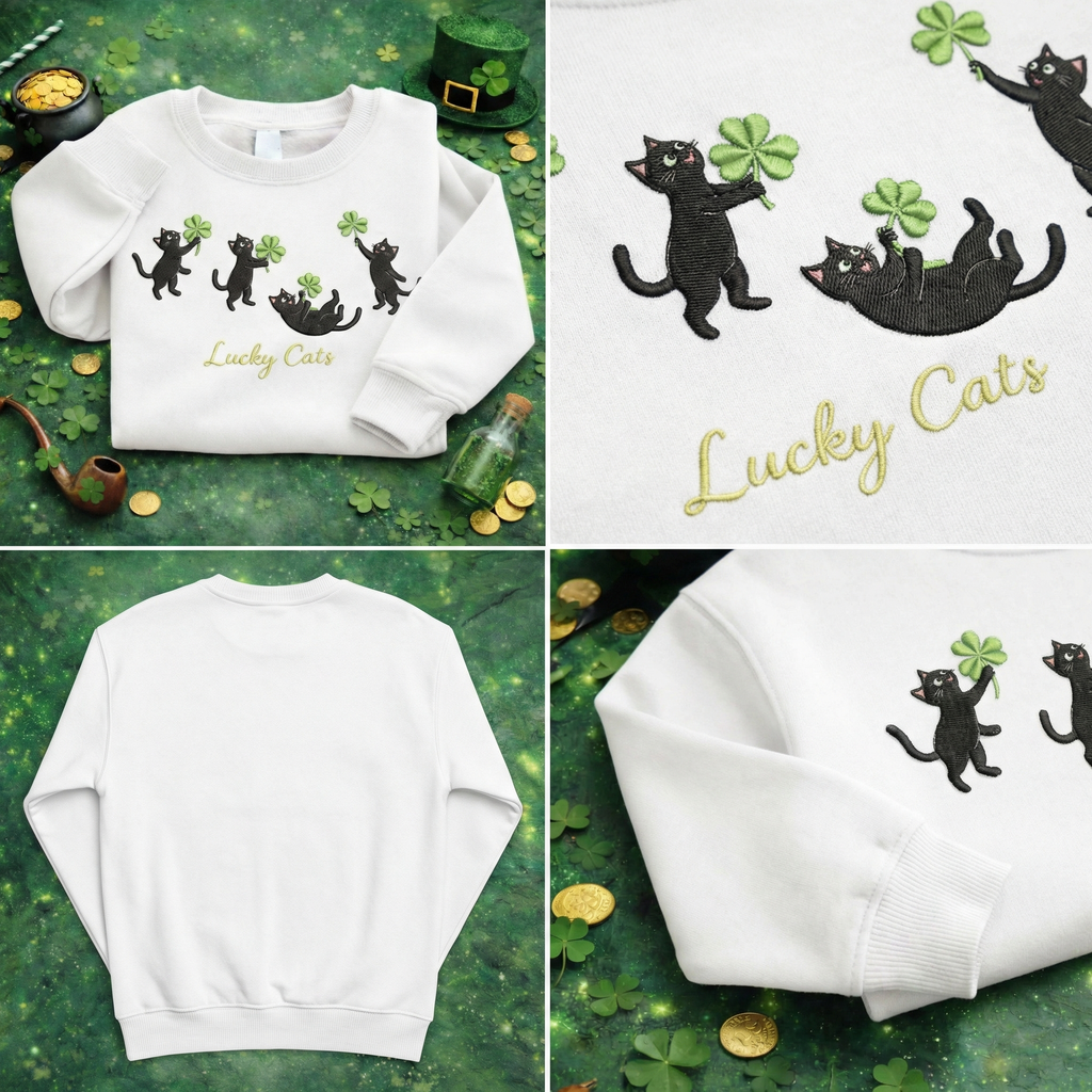 Lucky Cats Embroidered Sweatshirt, Irish Cat Lover Top