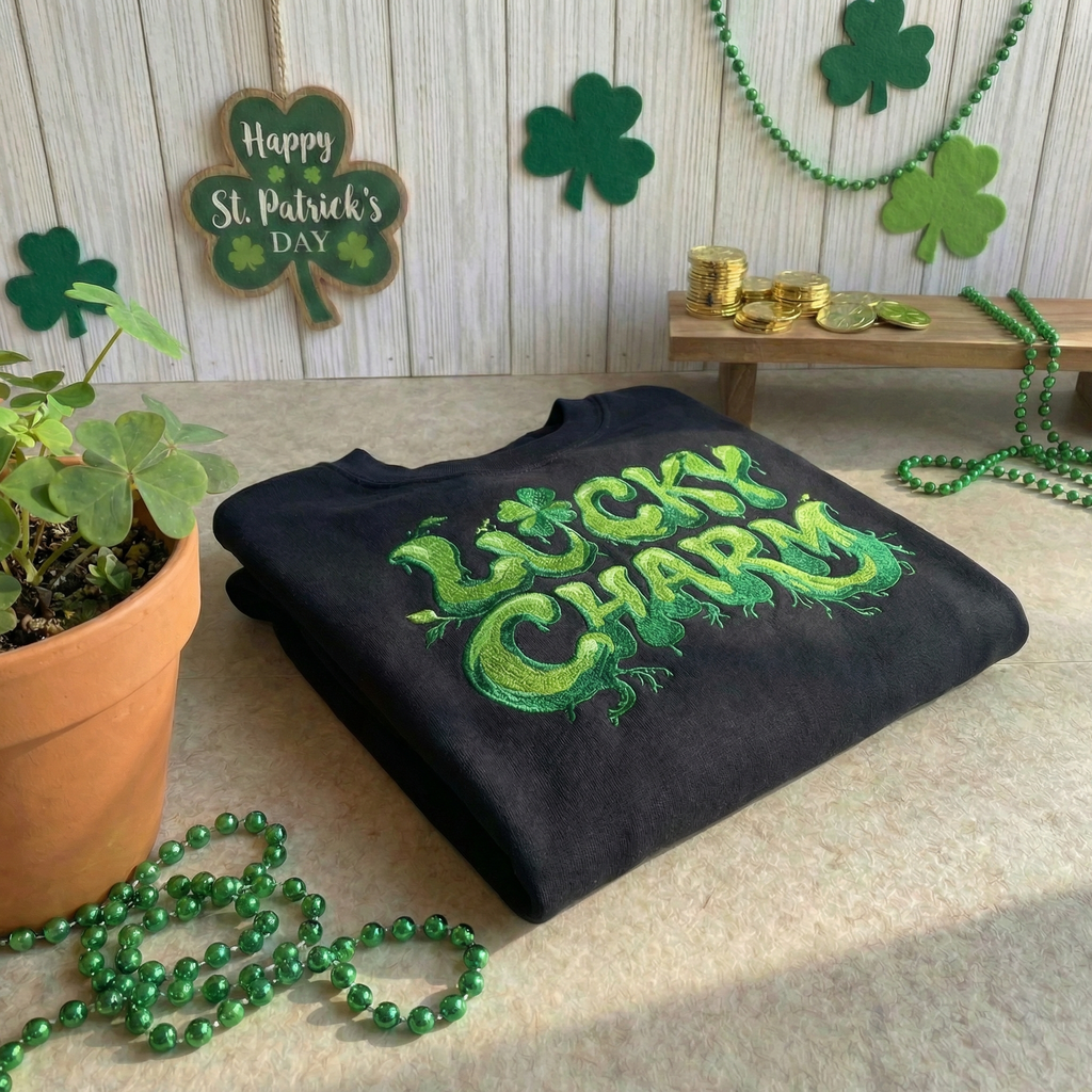 Lucky Charm Embroidered Sweatshirt, Trendy Shamrock Top