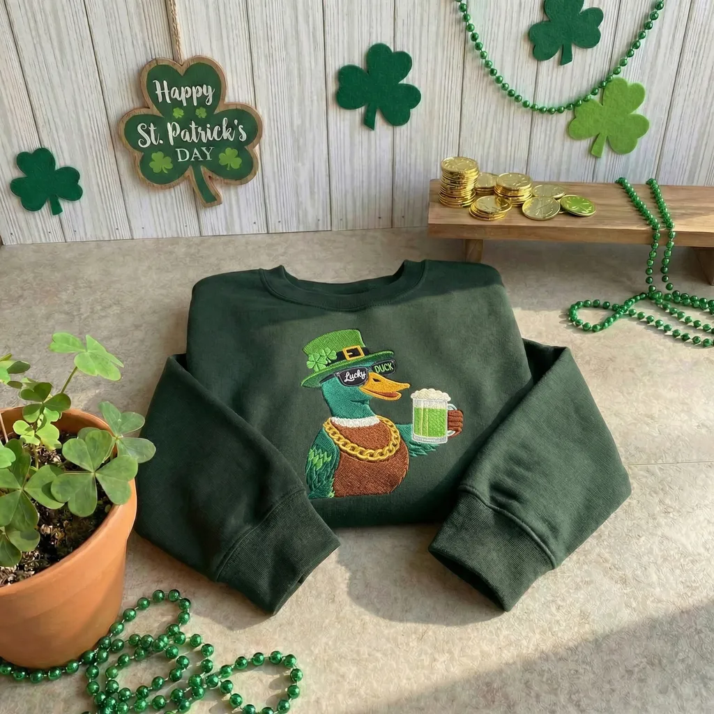 Lucky Duck Embroidered Sweatshirt, Funny Shamrock Top