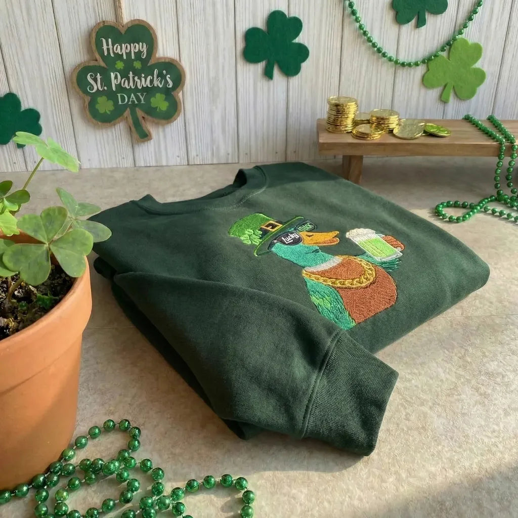 Lucky Duck Embroidered Sweatshirt, Funny Shamrock Top