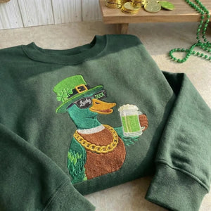 Lucky Duck Embroidered Sweatshirt, Funny Shamrock Top