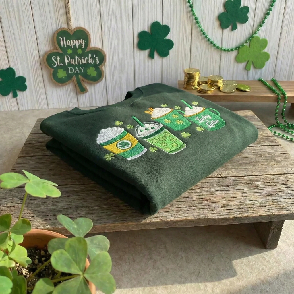 Lucky Latte Embroidered Sweatshirt, St Patricks Day Coffee Shirt, Shamrock Latte Crewneck, Cute Irish Clover Sweatshirt, Green Holiday Gift - 1128