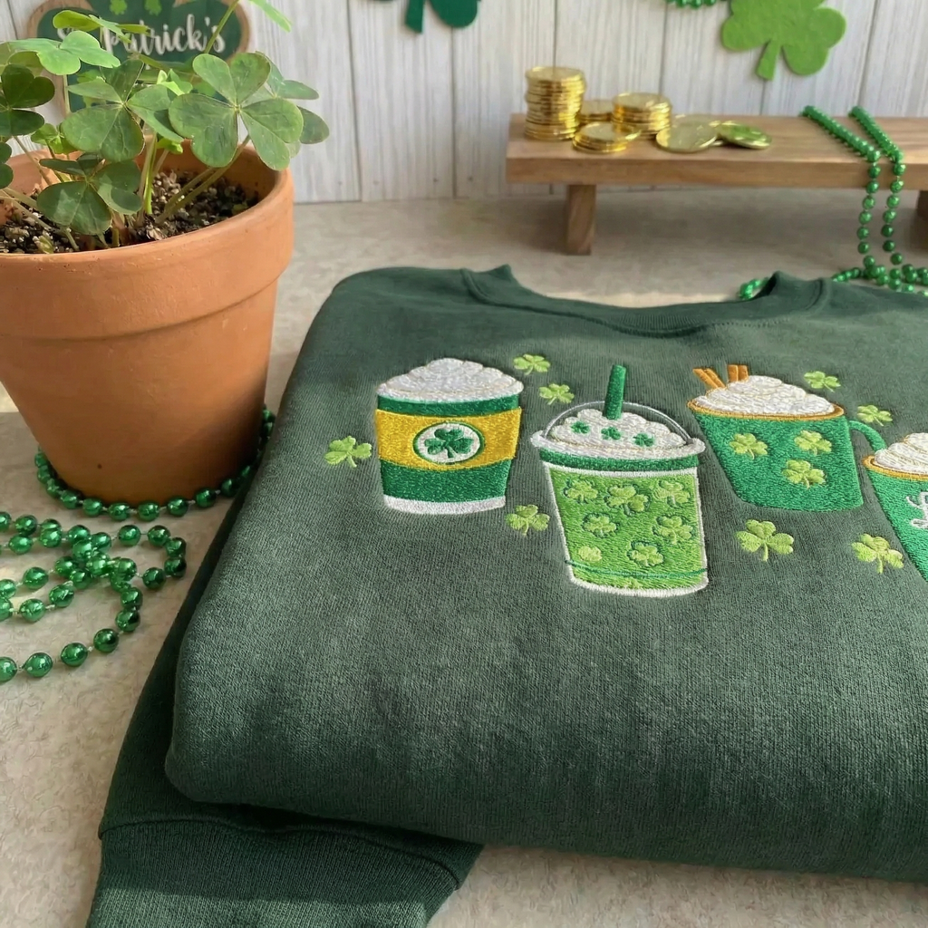 Lucky Latte Embroidered Sweatshirt, St Patricks Day Coffee Shirt, Shamrock Latte Crewneck, Cute Irish Clover Sweatshirt, Green Holiday Gift - 1128