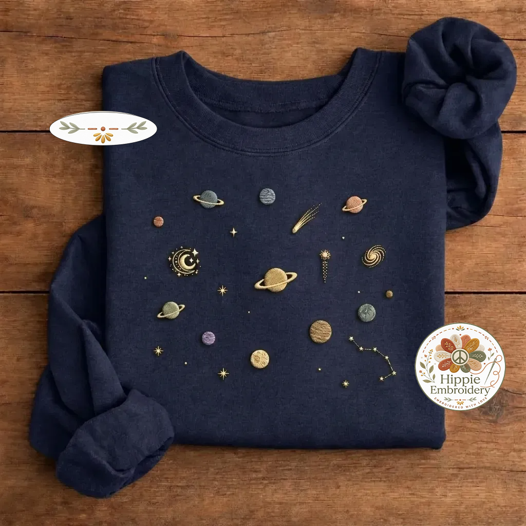 Minimalist Solar System Planets Embroidered Sweatshirt, Space Crew
