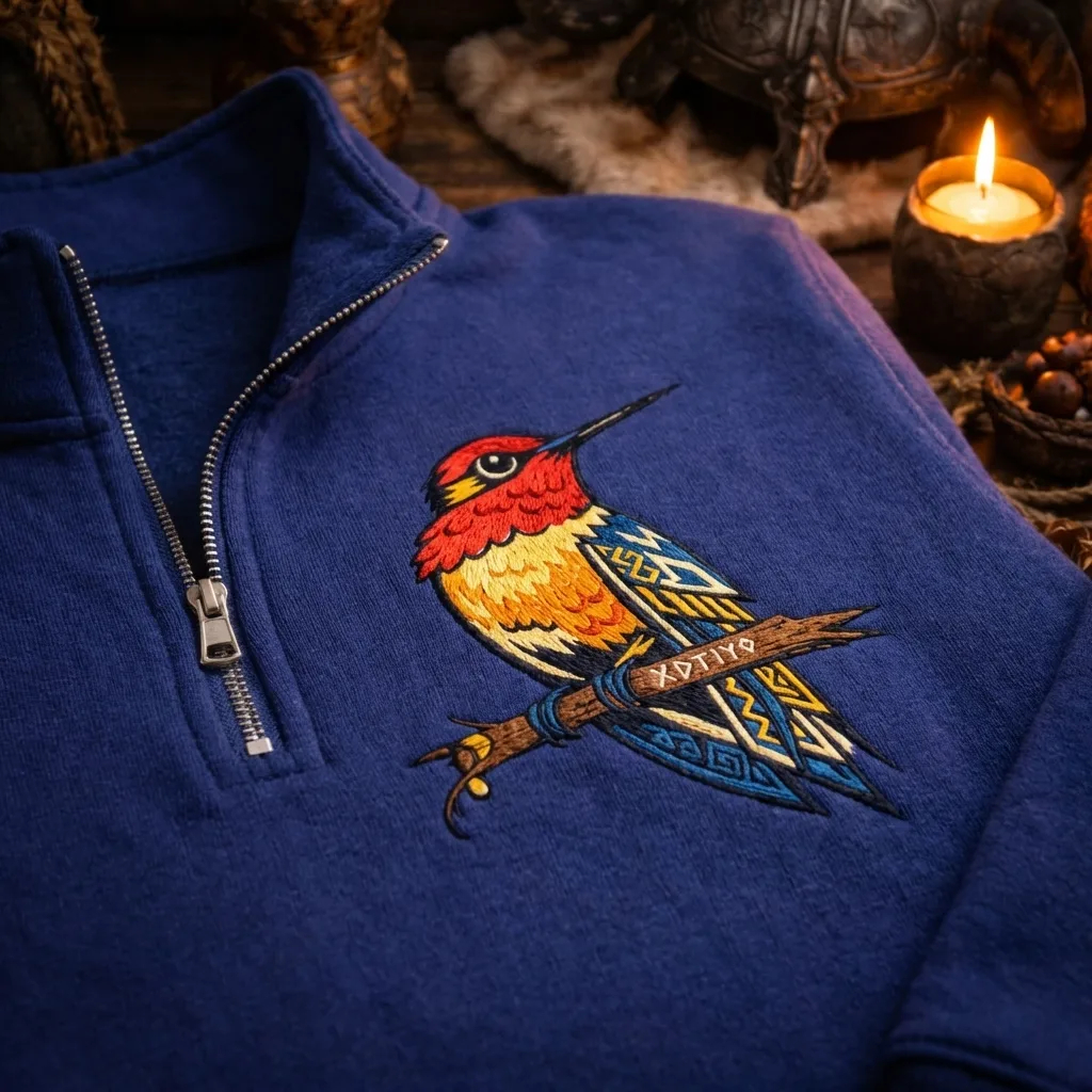 Navajo Bird Embroidered Quarter Zip Sweatshirt, Southwestern Top
