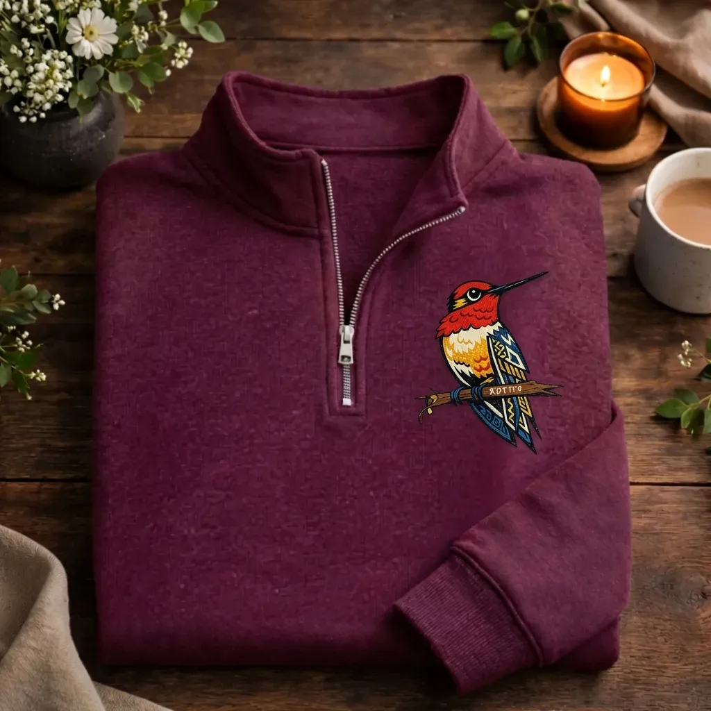 Navajo Bird Embroidered Quarter Zip Sweatshirt, Southwestern Top