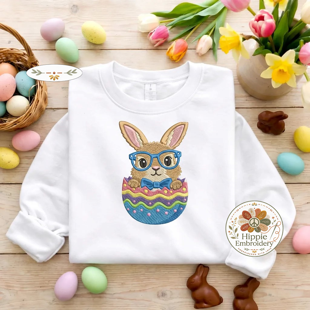Nerd Bunny in Egg Embroidered Sweatshirt, Cute Easter Top