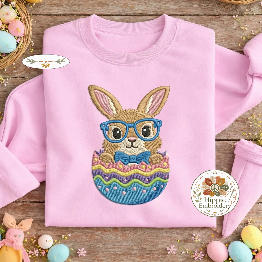 Nerd Bunny in Egg Embroidered Sweatshirt, Cute Easter Top