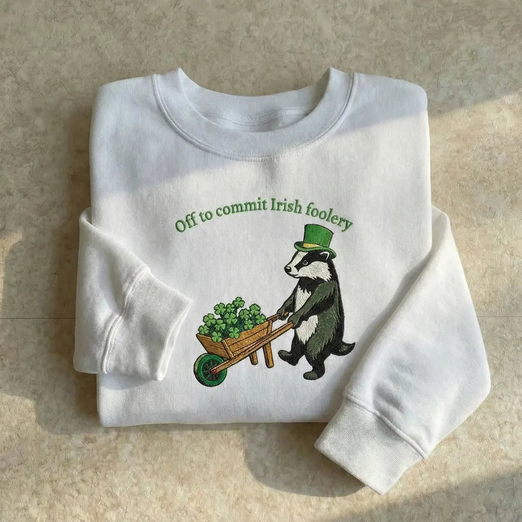 Off To Irish Foolery Embroidered Sweatshirt, Raccoon Top