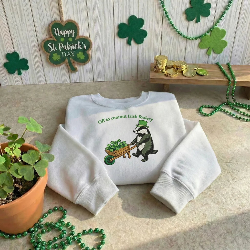 Off To Irish Foolery Embroidered Sweatshirt, Raccoon Top