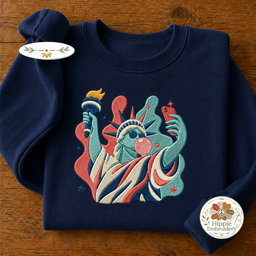 Preppy Statue of Liberty Bubble Gum Embroidered Sweatshirt, USA