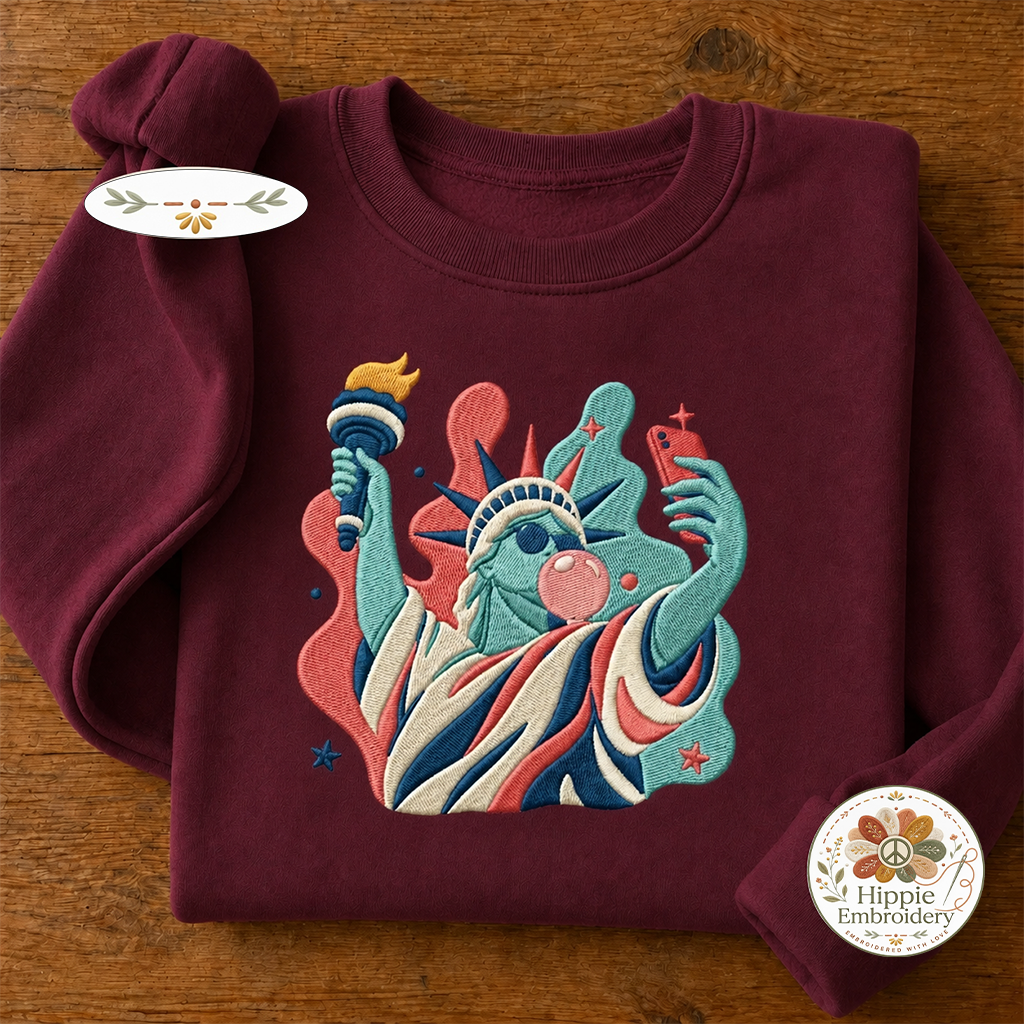 Preppy Statue of Liberty Bubble Gum Embroidered Sweatshirt, USA