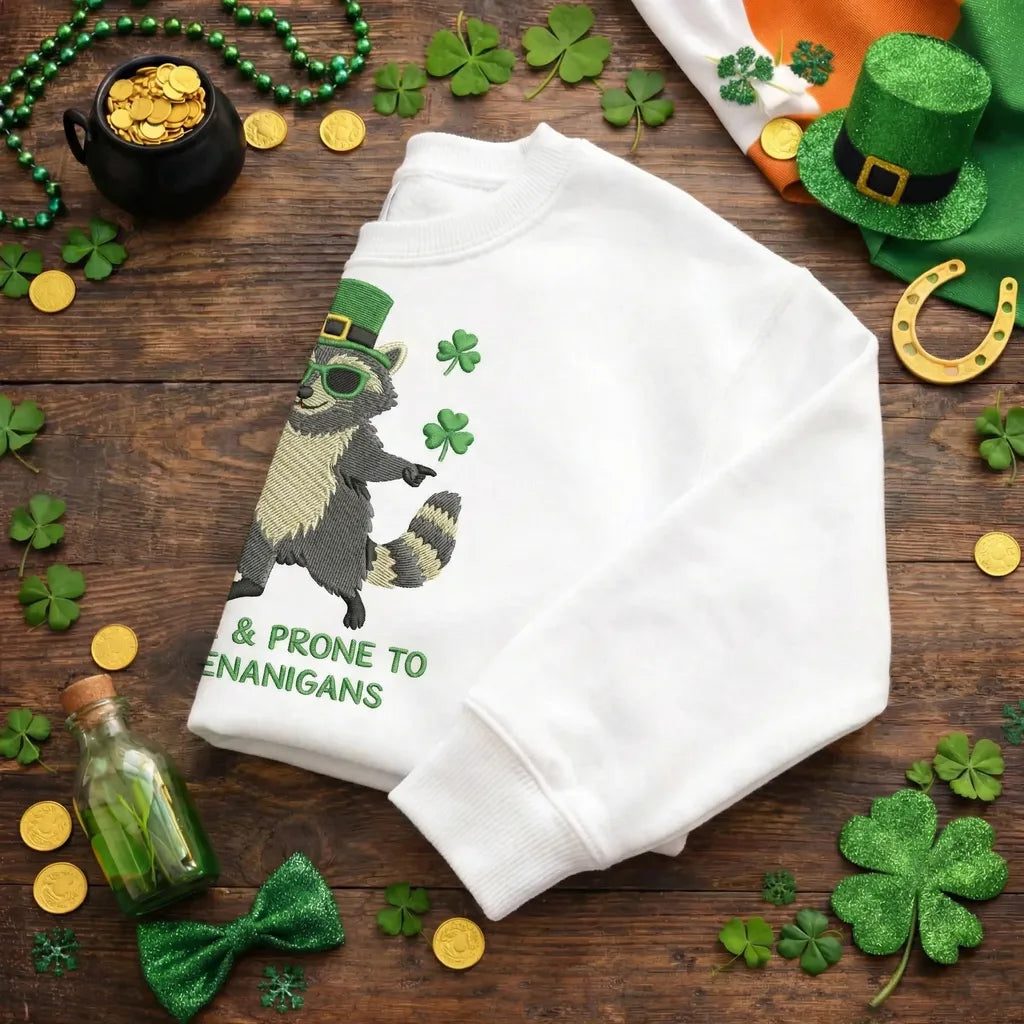 Raccoon Embroidered Sweatshirt, Funny Irish Beer Lover Top