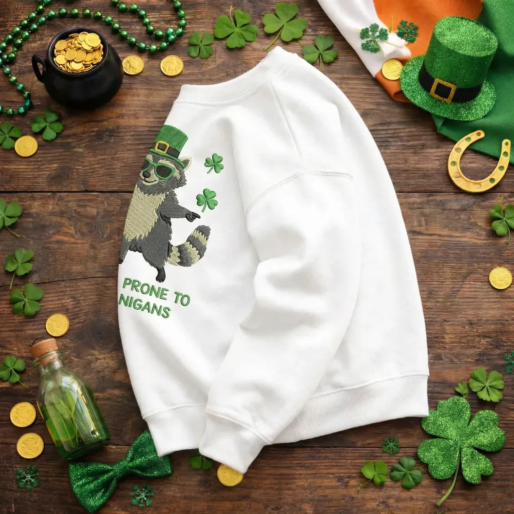 Raccoon Embroidered Sweatshirt, Funny Irish Beer Lover Top