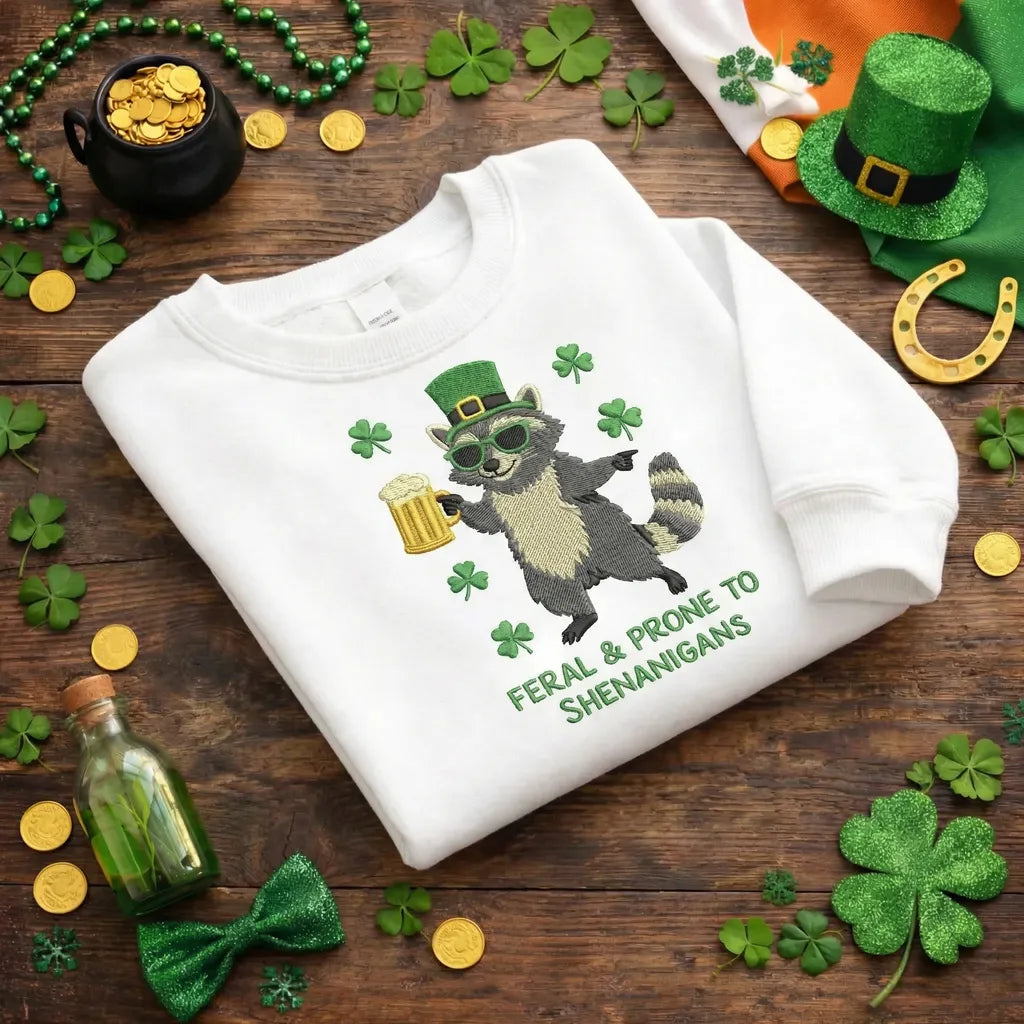 Raccoon Embroidered Sweatshirt, Funny Irish Beer Lover Top