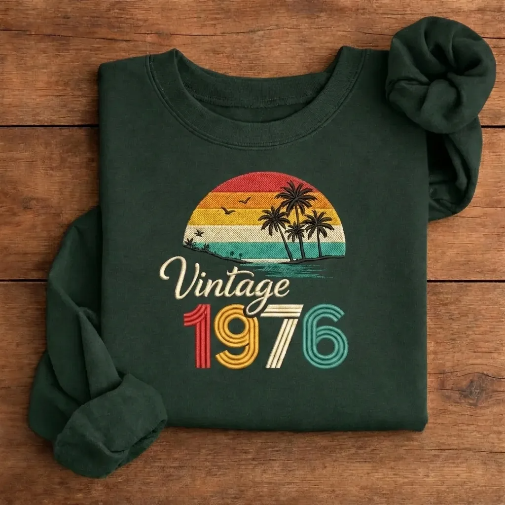 Retro 1976 Sunset Embroidered Sweatshirt, 50th Birthday Gift Crew