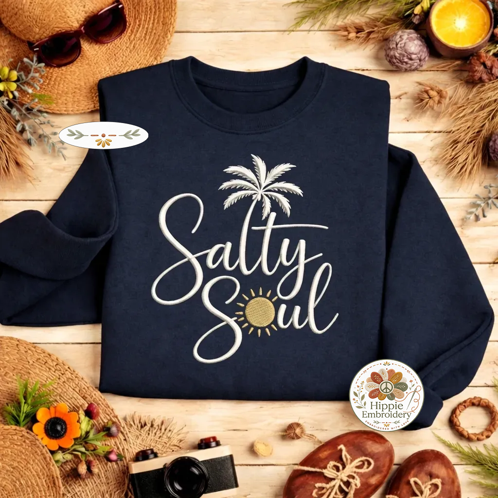 Salty Soul Embroidered Sweatshirt, Beach Palm Tree Pullover