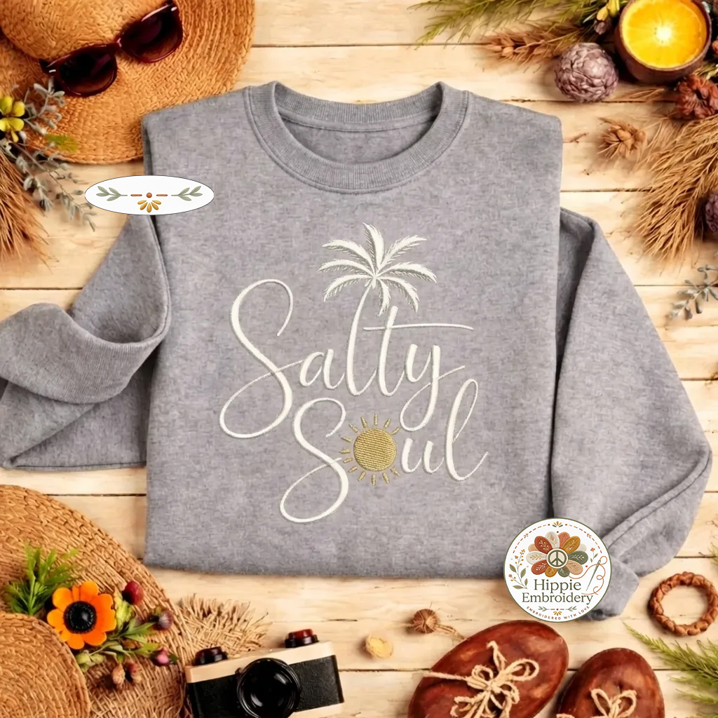 Salty Soul Embroidered Sweatshirt, Beach Palm Tree Pullover