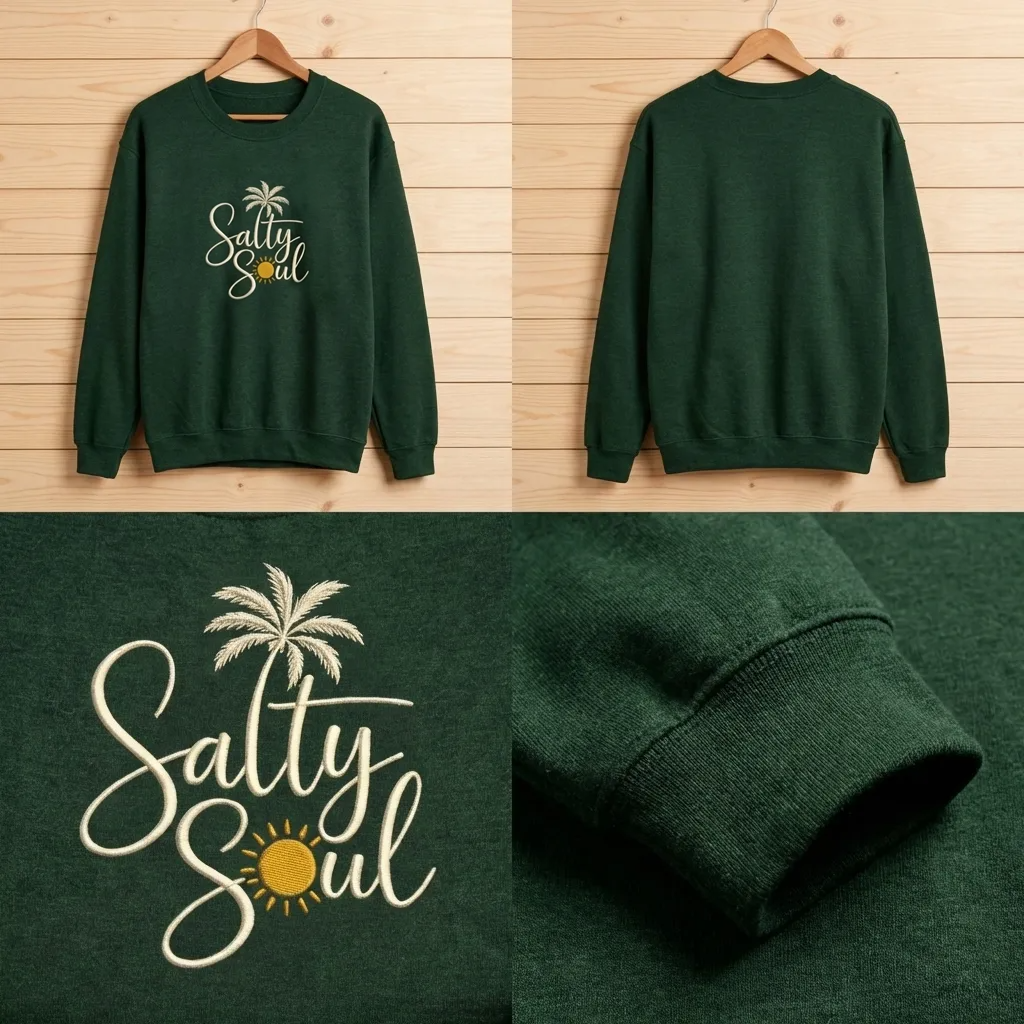 Salty Soul Embroidered Sweatshirt, Beach Palm Tree Pullover