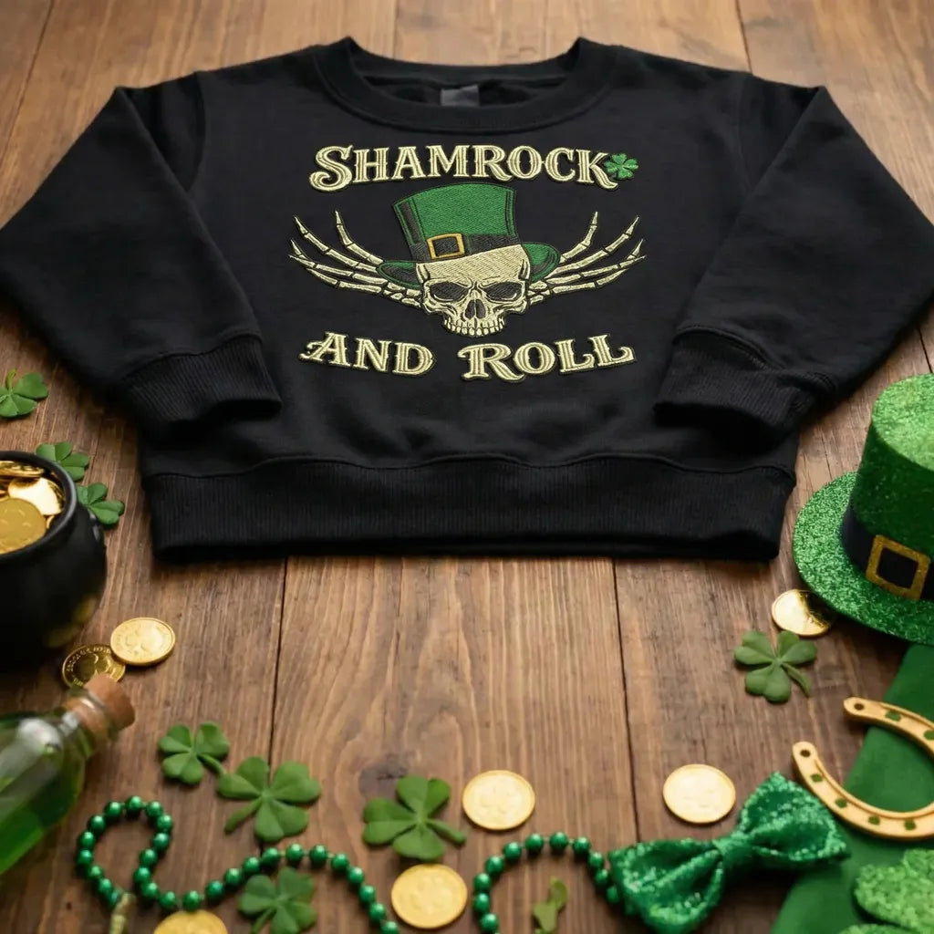Shamrock And Roll Embroidered Sweatshirt, Lucky Skull Top