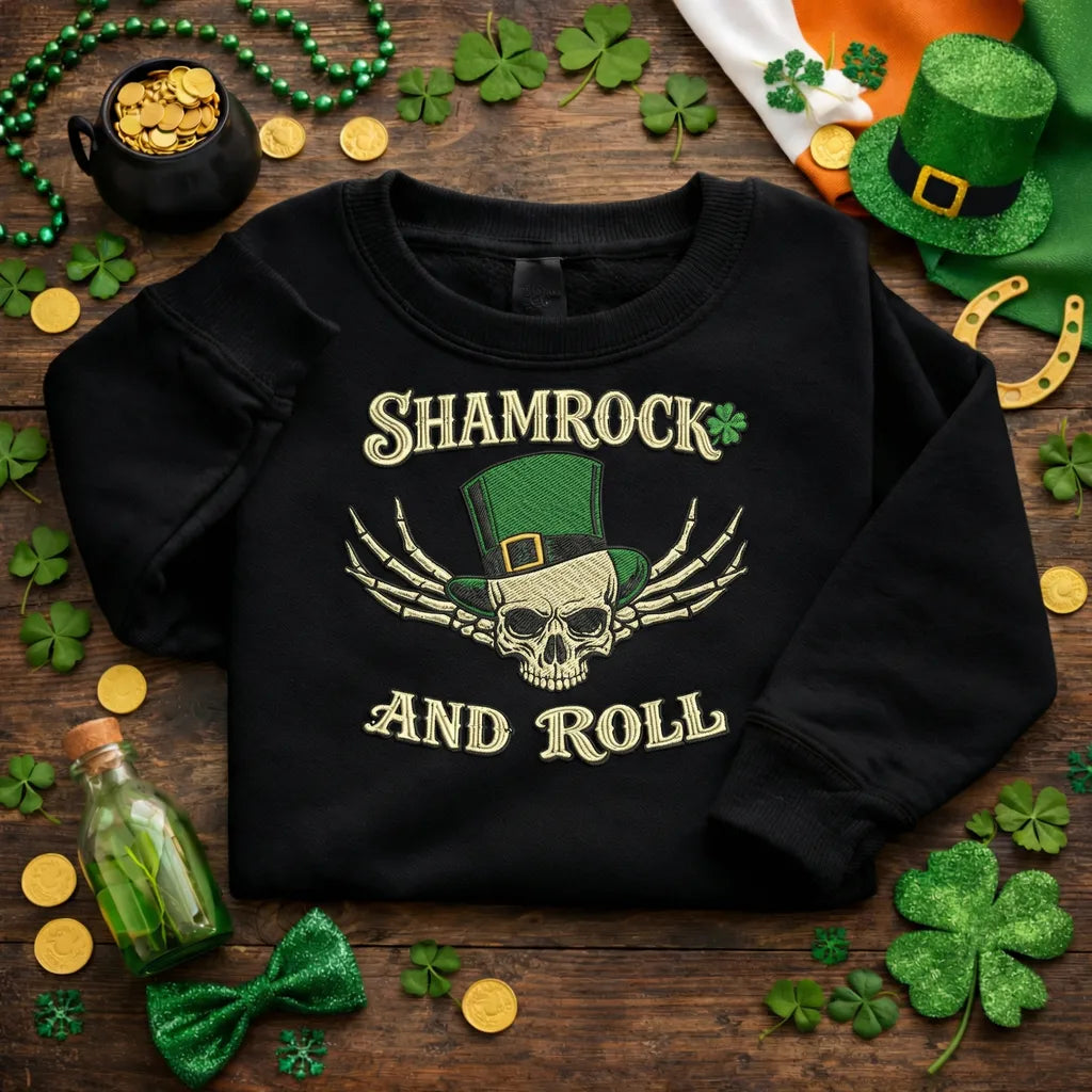 Shamrock And Roll Embroidered Sweatshirt, Lucky Skull Top