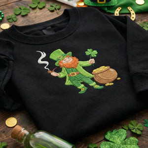 Smoking Leprechaun Embroidered Sweatshirt, Lucky Gold Top