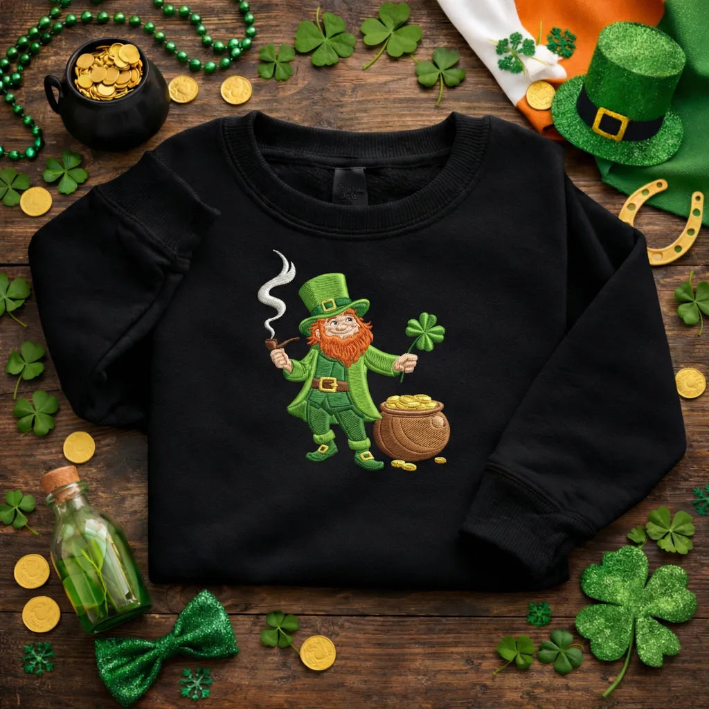 Smoking Leprechaun Embroidered Sweatshirt, Lucky Gold Top