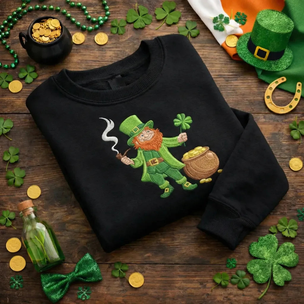 Smoking Leprechaun Embroidered Sweatshirt, Lucky Gold Top
