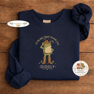 The Only Squat I'm Doin' Is Diddly Embroidered Cowboy Frog Crewneck