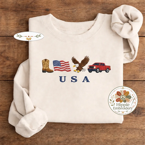 USA Embroidered Icons Sweatshirt, Western America Cowboy Crew