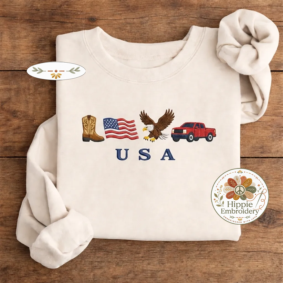 USA Embroidered Icons Sweatshirt, Western America Cowboy Crew