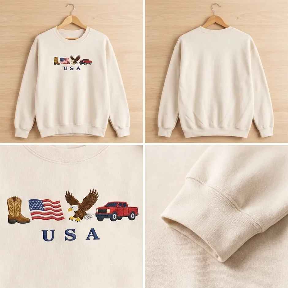 USA Embroidered Icons Sweatshirt, Western America Cowboy Crew