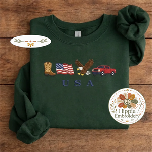 USA Embroidered Icons Sweatshirt, Western America Cowboy Crew