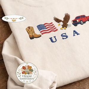 USA Embroidered Icons Sweatshirt, Western America Cowboy Crew