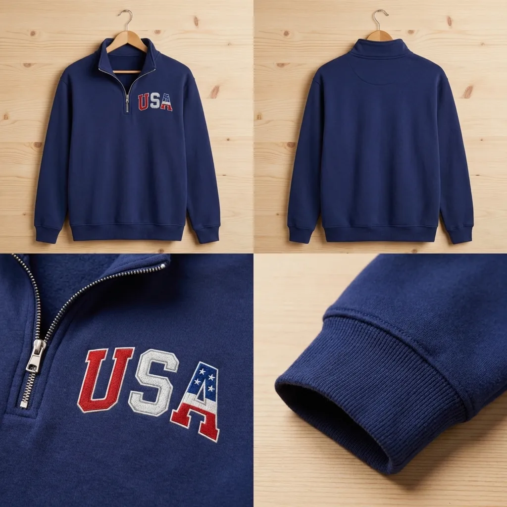 USA Patriotic Embroidered Quarter Zip Sweatshirt, Collegiate Top