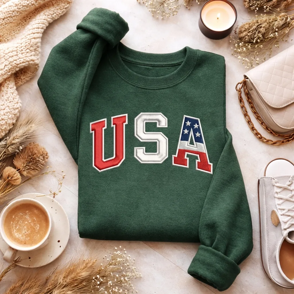 USA Patriotic Embroidered Quarter Zip Sweatshirt, Collegiate Top