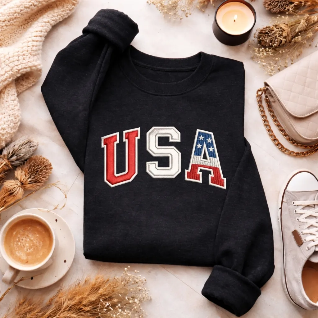 USA Patriotic Embroidered Quarter Zip Sweatshirt, Collegiate Top
