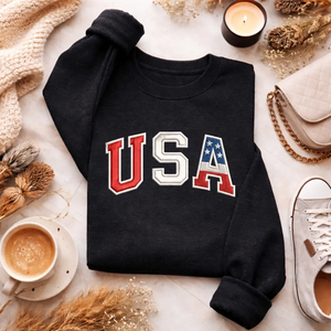 USA Patriotic Embroidered Quarter Zip Sweatshirt, Collegiate Top
