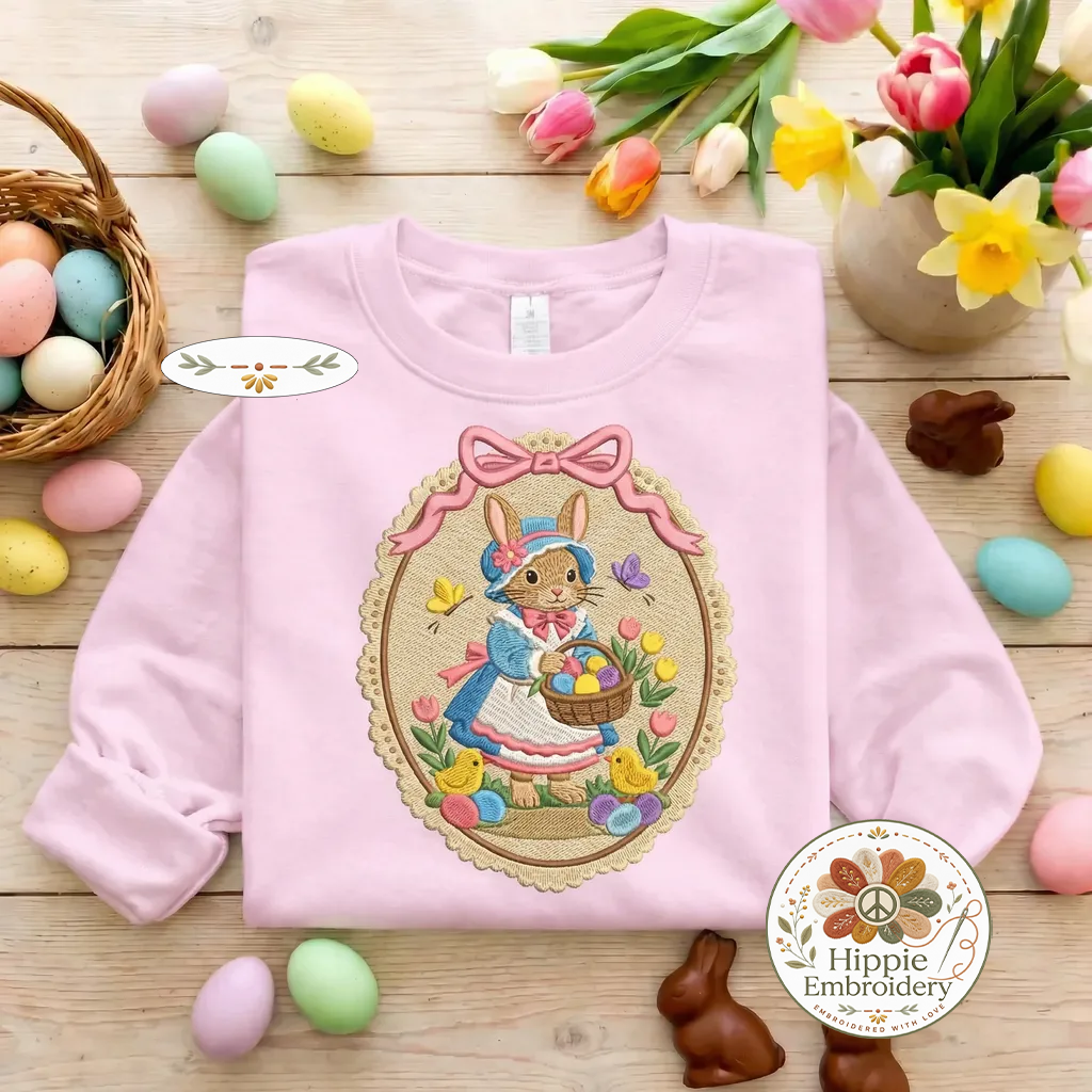 Vintage Easter Bunny Embroidered Sweatshirt, Retro Rabbit Portrait Hoodie, Aesthetic Spring Apparel, Classic Easter Gift, Bunny Lover Top - 0083