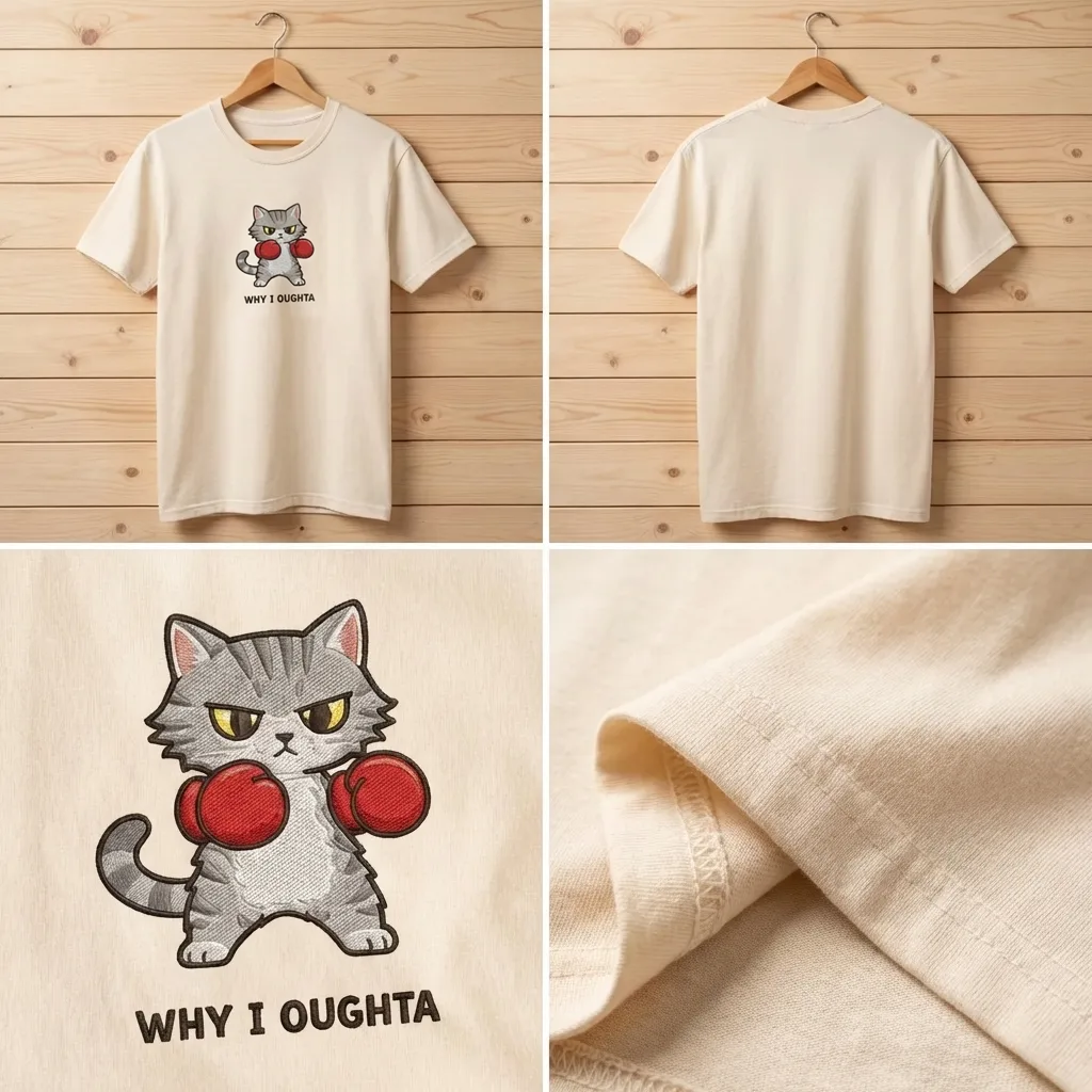 Why I Oughta Funny Cat Embroidered T-shirt  Boxing Kitten Tee
