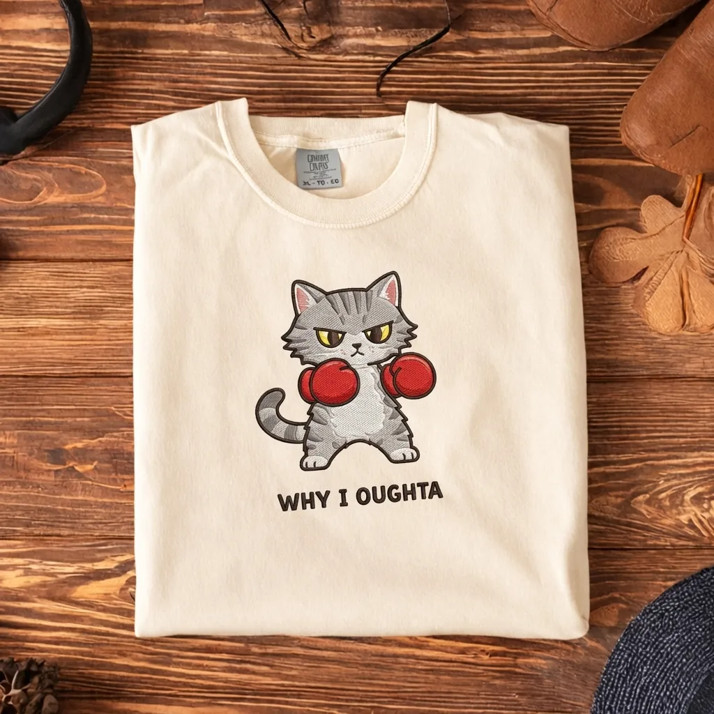 Why I Oughta Funny Cat Embroidered T-shirt  Boxing Kitten Tee