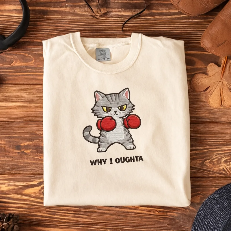 Why I Oughta Funny Cat Embroidered T-shirt  Boxing Kitten Tee