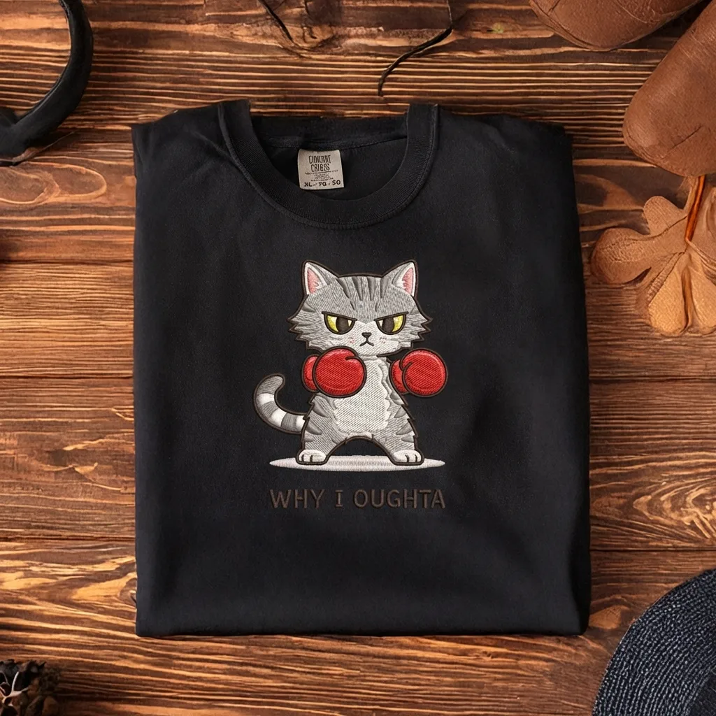 Why I Oughta Funny Cat Embroidered T-shirt  Boxing Kitten Tee